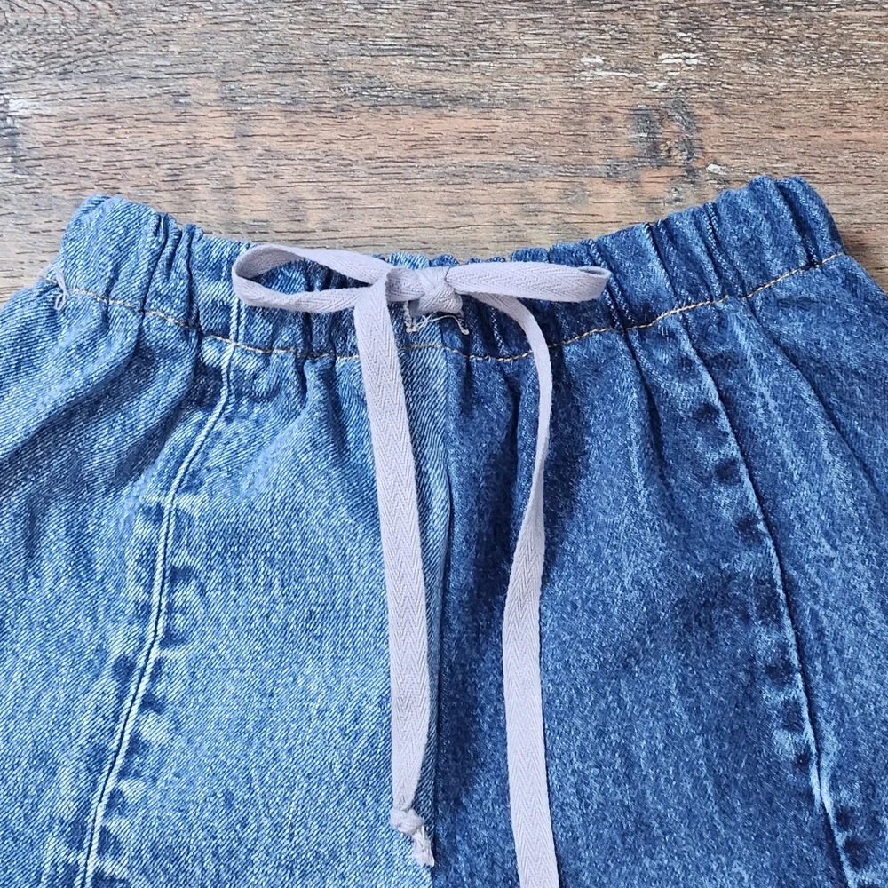 NWOT Parke Patchwork Denim Blue Jean High-Waisted Drawstring Pocket Shorts - Picture 2 of 5